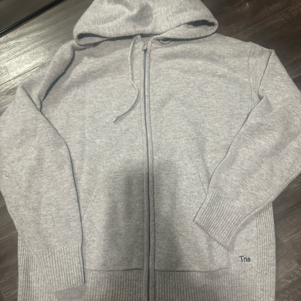 TNA Gray Zip Up Sweater with Hood and Ribbed Cuffs